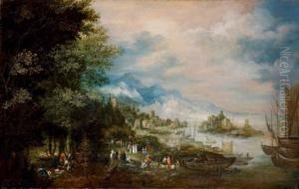 A Coastal Landsape, With Hunters In The Foreground And A Town Beyond Oil Painting by Johannes Jacob Hartmann