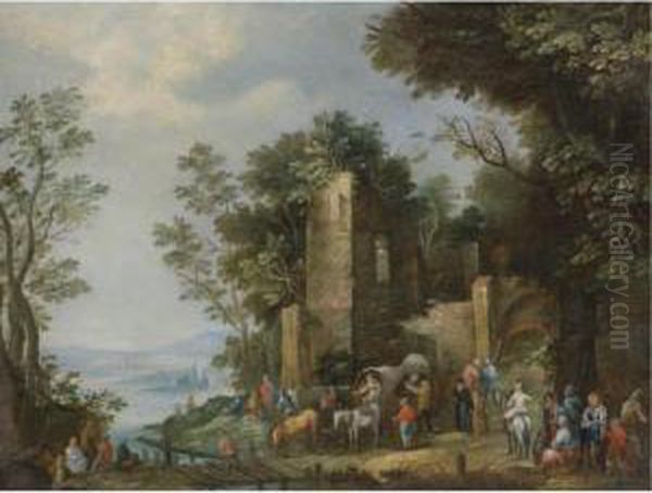 A River Landscape With Travellers Crossing A Bridge In Front Of A Ruined Castle Oil Painting by Johannes Jacob Hartmann