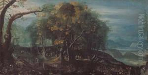 A Wooded Landscape With A Skirmish Between Bandits, A Townbeyond Oil Painting by Johannes Jacob Hartmann