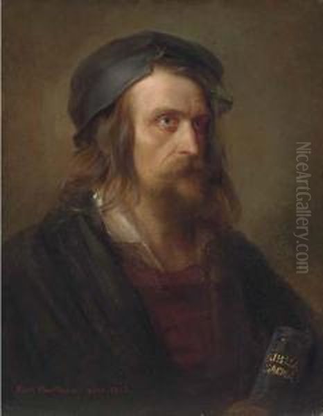 Portrait Of A Bearded Gentleman,
 Wearing A Cap, Black Cloak And Redshirt, Holding A Bible Oil Painting by Karl Hartmann