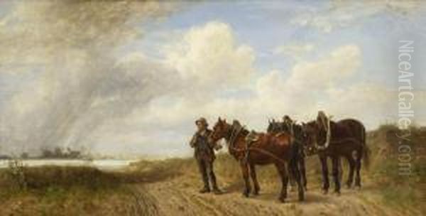 Bauer Mit Drei Pferden Am Flussufer. Oil Painting by Ludwig Hartmann