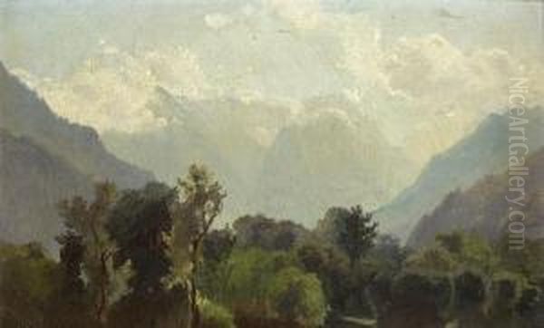 Blick Uber Das Loisachtal Auf Die Zugspitze Oil Painting by Ludwig Hartmann