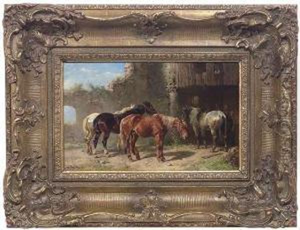 Four Horseswaiting At A Blacksmith's Workshop Oil Painting by Ludwig Hartmann