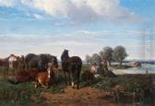 Horses Resting By A River Oil Painting by Ludwig Hartmann