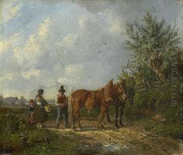 Bauernfamilie Mit Zwei Pferden Auf
 Dem Feldweg. Oil Painting by Ludwig Hartmann