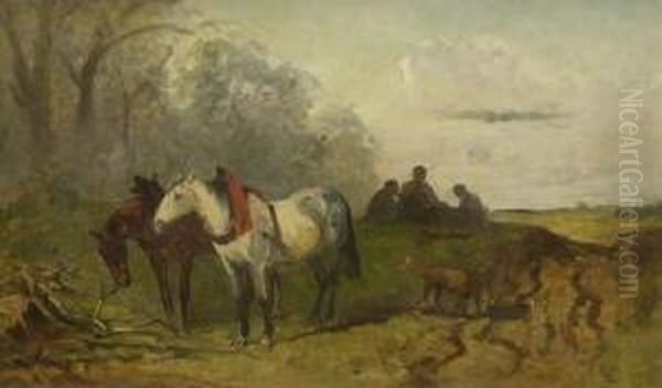 Rastende Bauern Mit Pferden Und
 Hund Oil Painting by Ludwig Hartmann