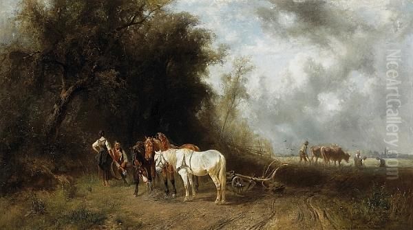 A Romantic Pause During Plowing Oil Painting by Ludwig Hartmann