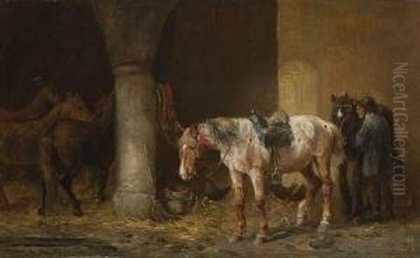 Bauer Mit Pferden Im
 Stall. Oil Painting by Ludwig Hartmann