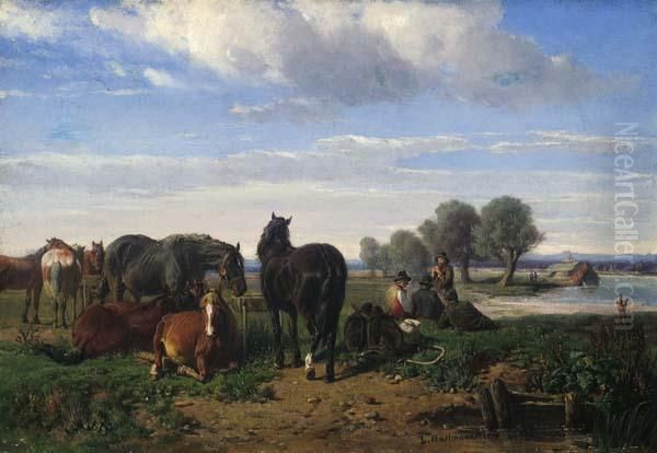 Horses Resting Along A River Oil Painting by Ludwig Hartmann