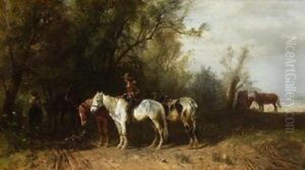 Bauern Mit Pferden Am
 Waldrand. Oil Painting by Ludwig Hartmann