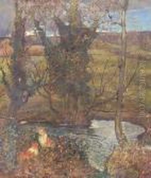 Collies By A Woodland Pool Oil Painting by Archibald Standish Hartrick