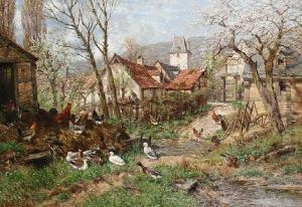 Country Village With Ducks And Chickens Oil Painting by Heinrich Sen Hartung