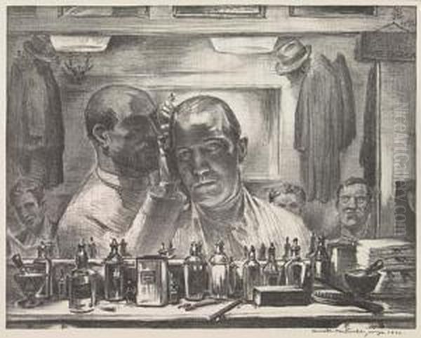 Two Lithographs
Untitled (self-portrait In Barber Shop) Oil Painting by George Kenneth Hartwell