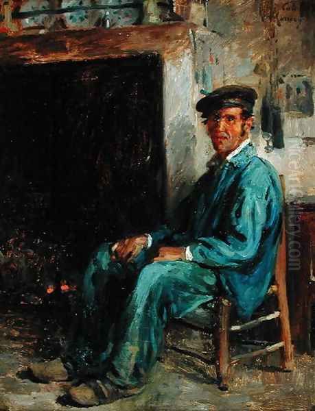 A Peasant in Front of a Hearth, 1859 Oil Painting by Adolphe-Felix Cals