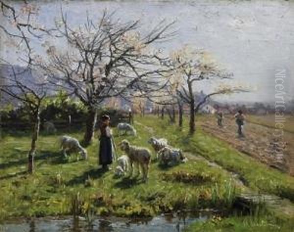 Spring In The Fields. Signed Bottom Right: H. Hartwich Oil Painting by Hermann Hartwich