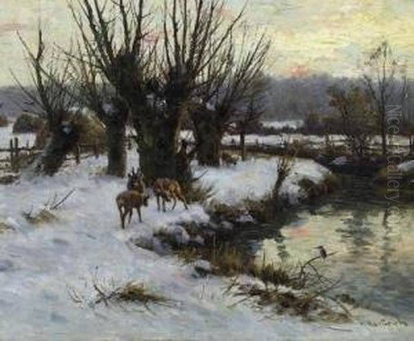 Winterly Landscape With Red Deer And Brook. Signed Bottom Right: H. Hartwich Oil Painting by Hermann Hartwich