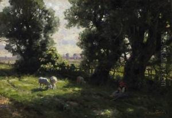 On The Pasture. Signed Bottom Right: H. Hartwich Oil Painting by Hermann Hartwich