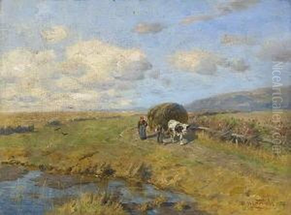 Bauern Mit Heufuhrwerk Auf Dem
 Heimweg. Oil Painting by Hermann Hartwich