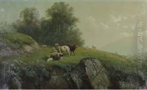 Sheep On A Rocky Hillside Oil Painting by George Gunther Hartwick