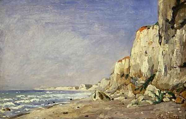 Falaise pres Dieppe; cliff; coastal; coast; beach; seaside Oil Painting by Adolphe-Felix Cals