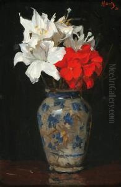 Still Life Withflouwers In A Grey Stoneware Jug Oil Painting by Louis Hartz