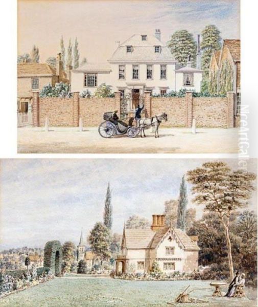 Figures In The Garden Of 
Buckskin Hall, Chalk Lane, Cockfosters; A Carriage By The Gates Of Eagle
 Hall, Southgate High Street Oil Painting by George Harvey