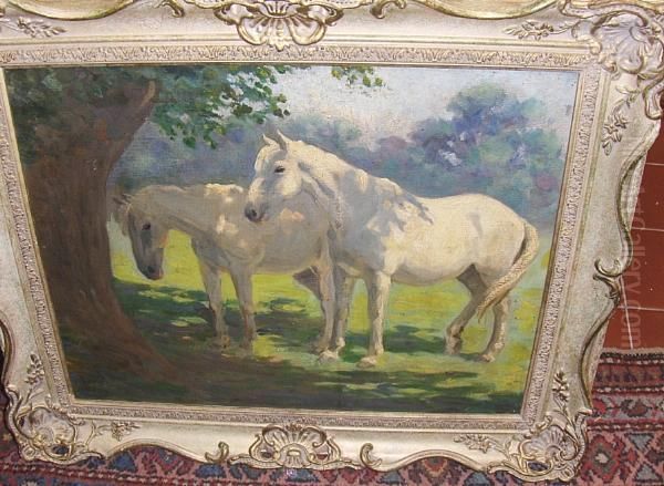 Ponies Resting Beneath The Shade Of A Tree Oil Painting by Harvey Harold