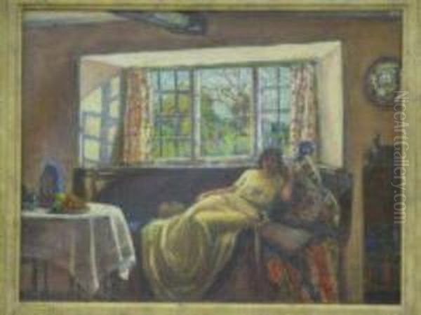 Young Woman Reclining On A Window Seat Oil Painting by Harvey Harold