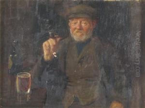 A Portrait Of A Man Seated With His Pipe And A Beer Oil Painting by Harvey Harold