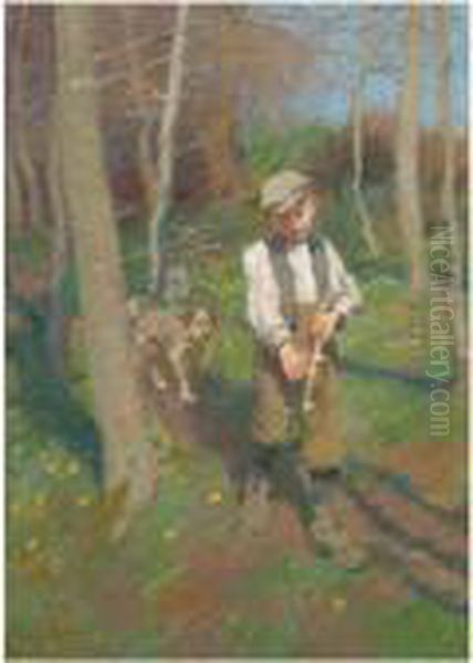 Boy Whittling A Stick Oil Painting by Harvey Harold