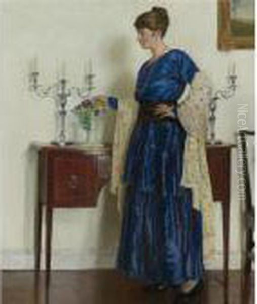 Woman By The Sideboard, Portrait Of The Artist's Wife Gertrude Oil Painting by Harvey Harold