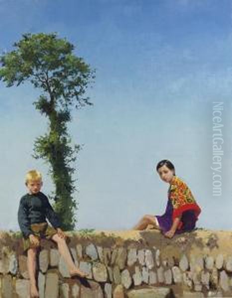 Children Sitting On A Wall Oil Painting by Harvey Harold