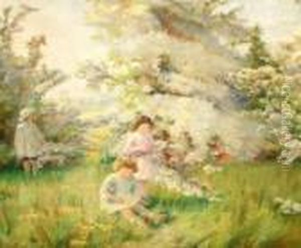 Children Gathering Blossom In An Orchard Oil Painting by Harvey Harold