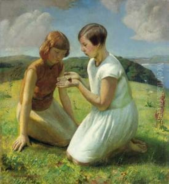 Two Young Girls With A Butterfly Oil Painting by Harvey Harold