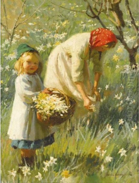 Picking Daffodils Oil Painting by Harvey Harold