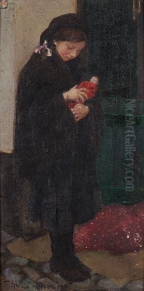 Portrait Of A Girl Holding A Doll Oil Painting by Harvey Harold