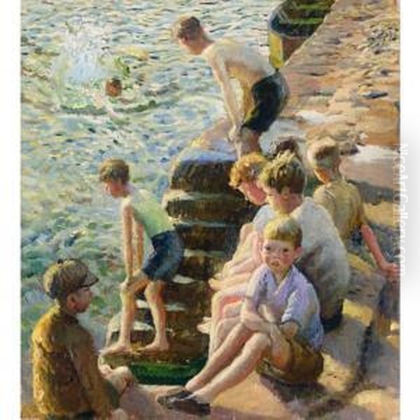 Boys Bathing Oil Painting by Harvey Harold