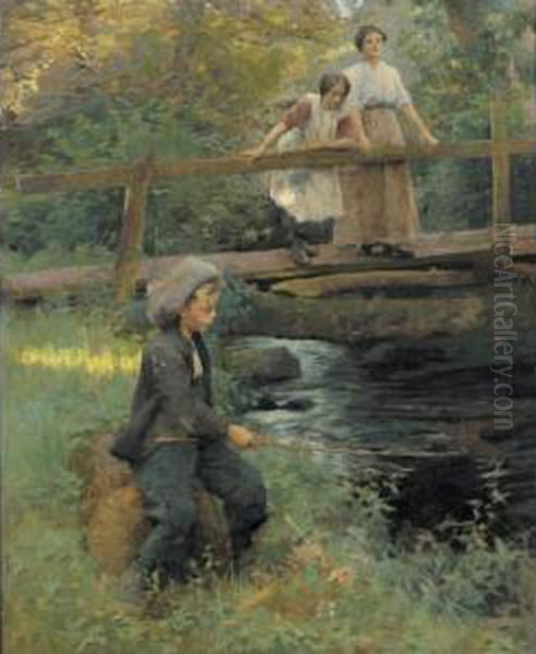 Fishing By A Forest Stream Oil Painting by Harvey Harold