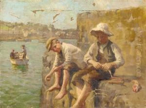 Boys Fishing On A Quay Oil Painting by Harvey Harold