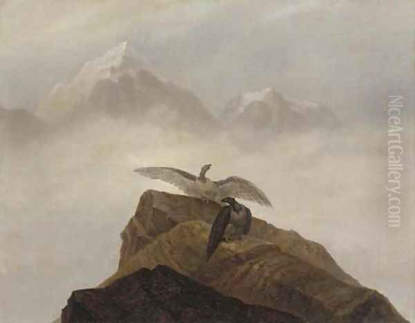 Phantasie aus der Alpenwelt. Adler, die auf einem Alpenhorn nisten Oil Painting by Carl Gustav Carus