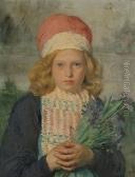 A Portrait, Bust Length, Of A Young Girl With Irises Oil Painting by Herbert Johnson Harvey