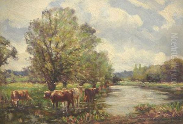 'cattle Watering In A Wood', Oil, Signed Panel, 9 Oil Painting by John Rabone Harvey