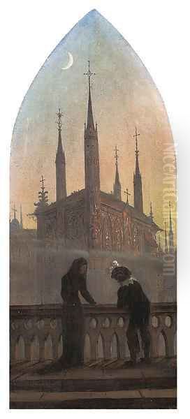 Personen in altdeutscher Tracht in Betrachtung einer mittelalterlichen Stadt Oil Painting by Carl Gustav Carus