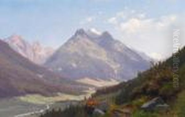 Blick Aus Dem Stubaital Inpinnistal Mit Kirchdachspitze Oil Painting by Carl Hasch