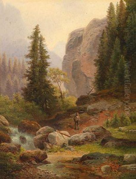 Ein Jager Im Hochgebirge Oil Painting by Carl Hasch