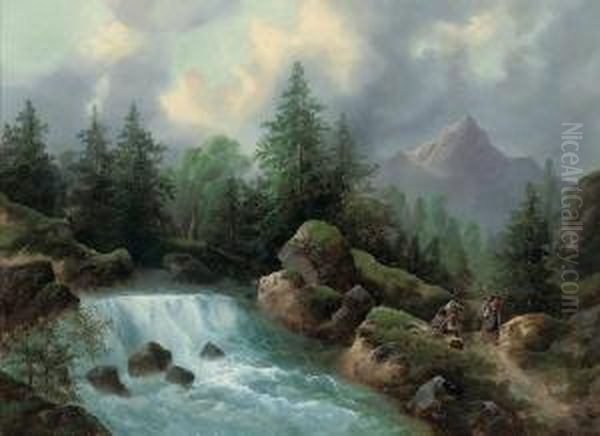 Resting By A Mountain Torrent Oil Painting by Carl Hasch