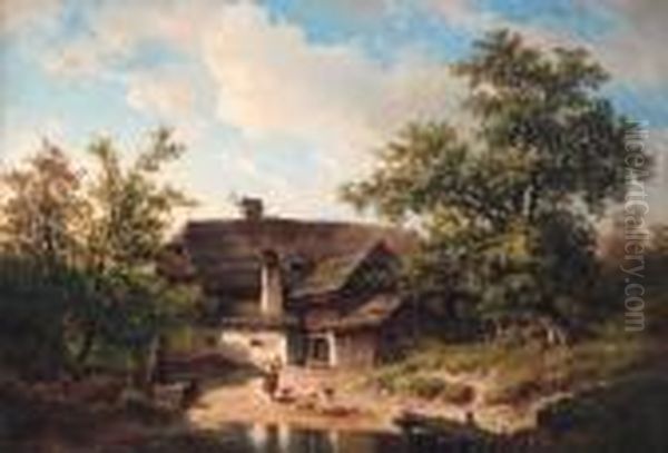 A Farmyard In The Tragossthal In Steiermark, Austria Oil Painting by Carl Hasch