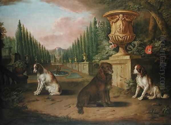 Three Spaniels in a formal garden c.1730 Oil Painting by Charles Collins