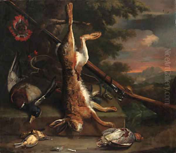 Still life of dead game, with a hare, a mallard, an English partridge and other birds with a gun by a tree, in a wooded landscape Oil Painting by Charles Collins