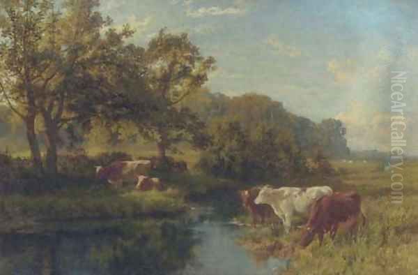 Cattle watering in a meadow Oil Painting by Charles Collins